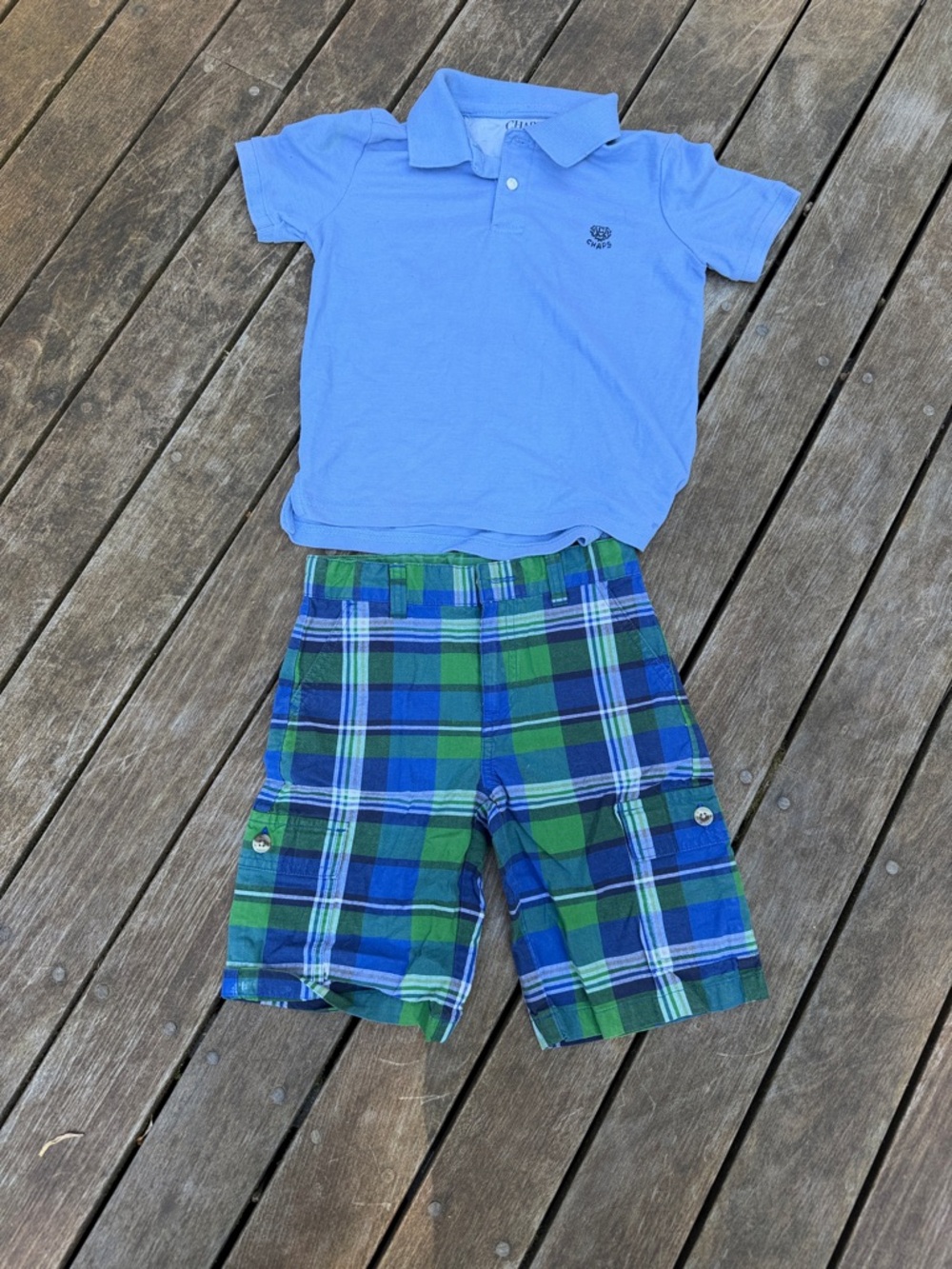 Chaps Boys Light Blue Polo with Blue and Green Plaid Shorts